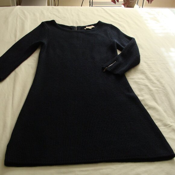 ANN TAYLOR LOFT Navy Blue 3/4 Sleeve ZIP Detail WOOL Blend SWEATER DRESS Sz S - Picture 3 of 9